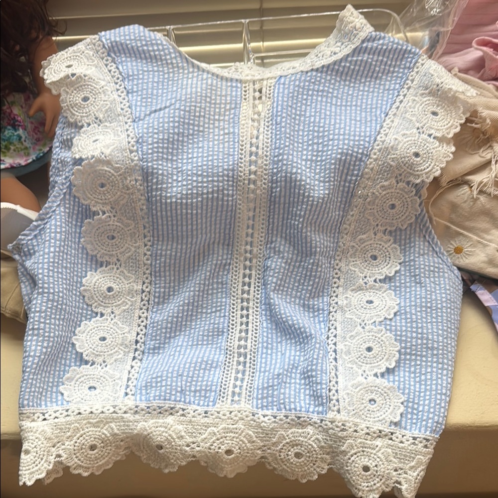 Blue and White Lace Trimmed girls/Women's Top